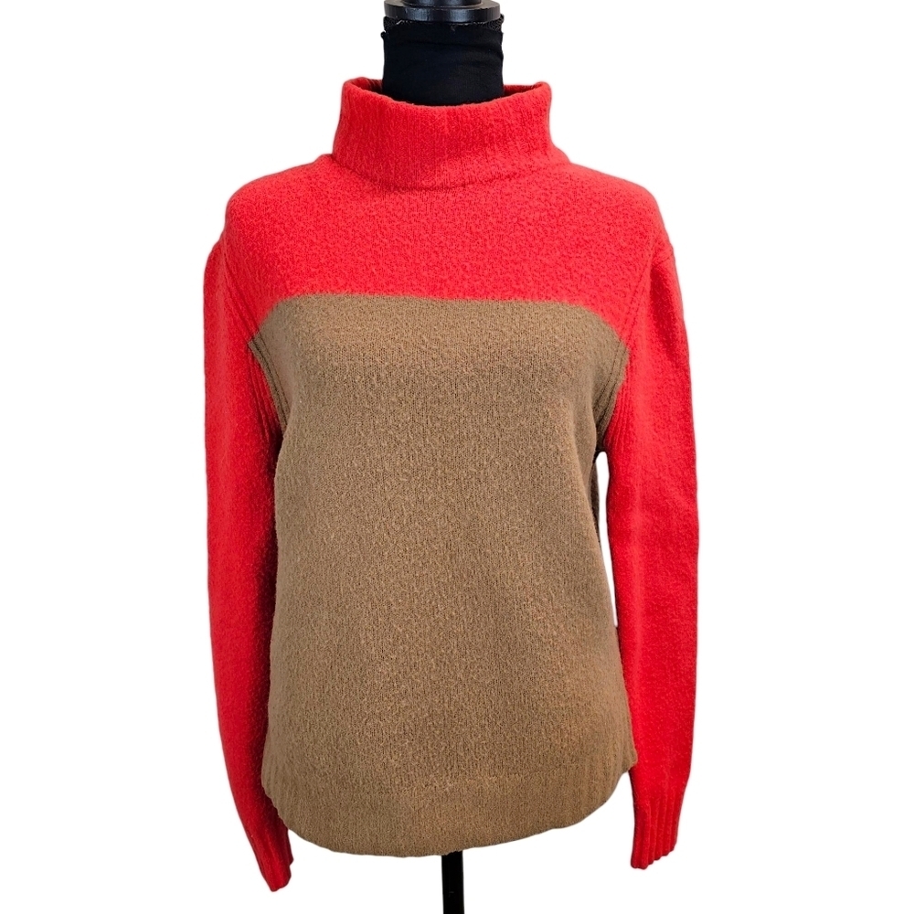 J.Crew Colorblock Mock Neck Sweater Merino Alpaca Blend Red Tan Cozy Fall M